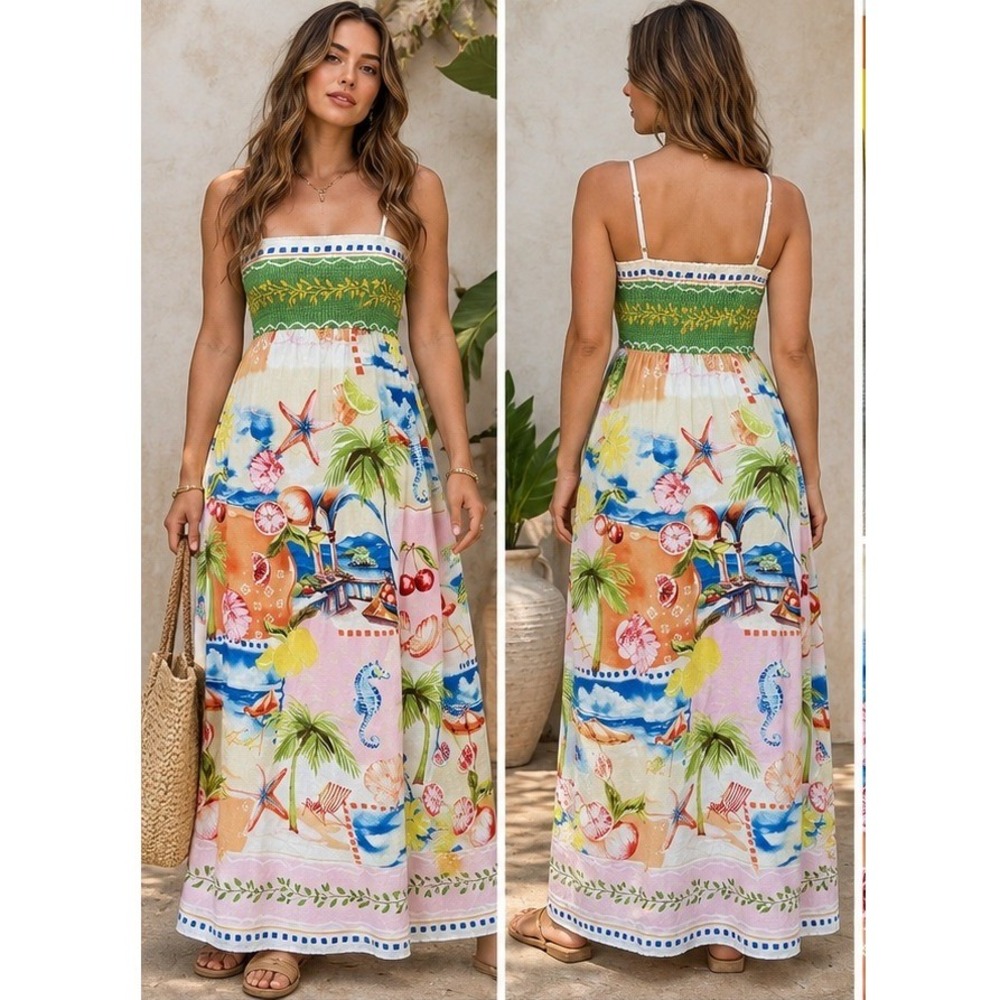 C&C California Maxi Dress Women XS Tropical Coastal Linen Blend Beach Sun Dress